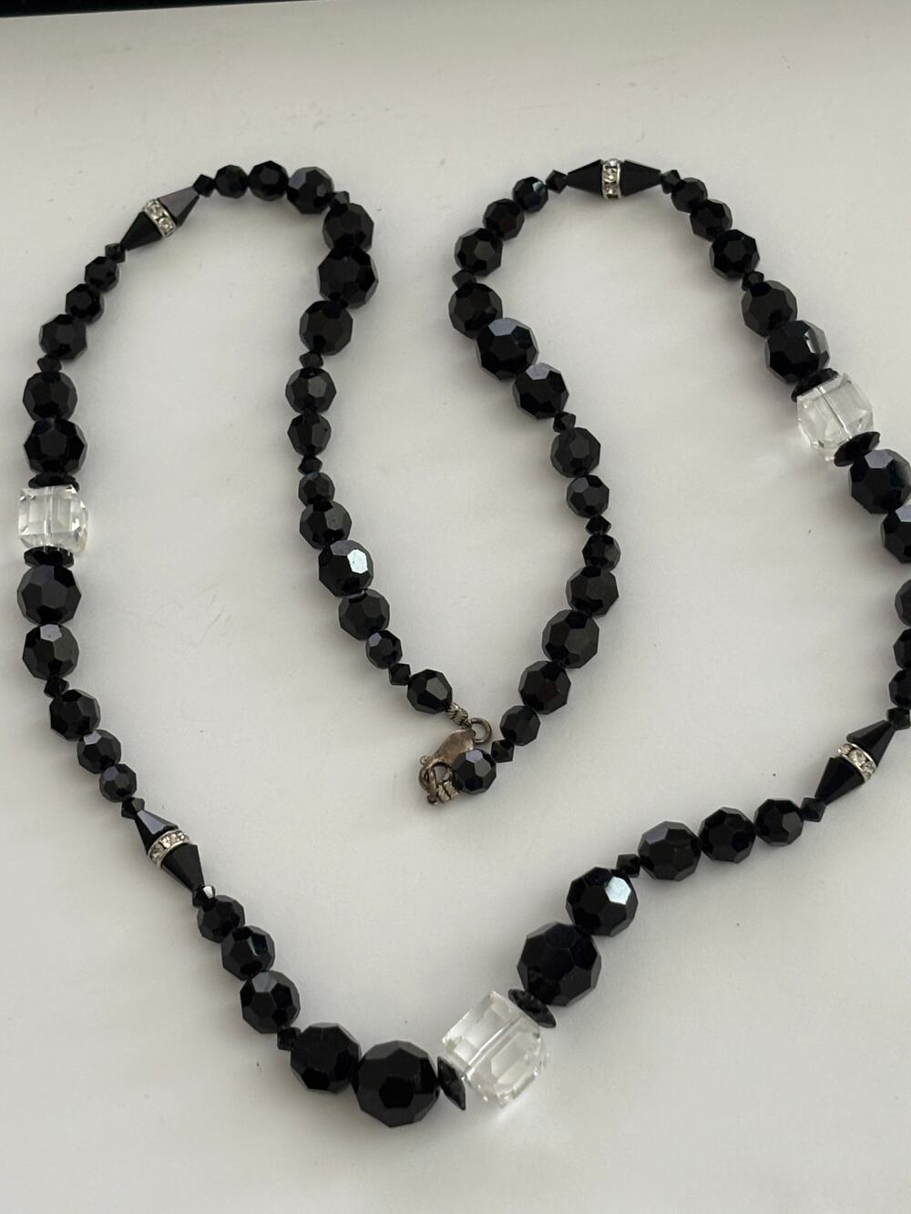 Vintage Faceted Black Glass Beads Necklace Art Deco Style Sterling Clasp